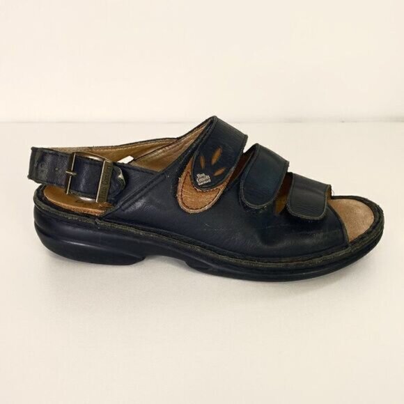 Finn Comfort Shoes - Finn Comfort Black Leather Slingback Three Strap Sandals